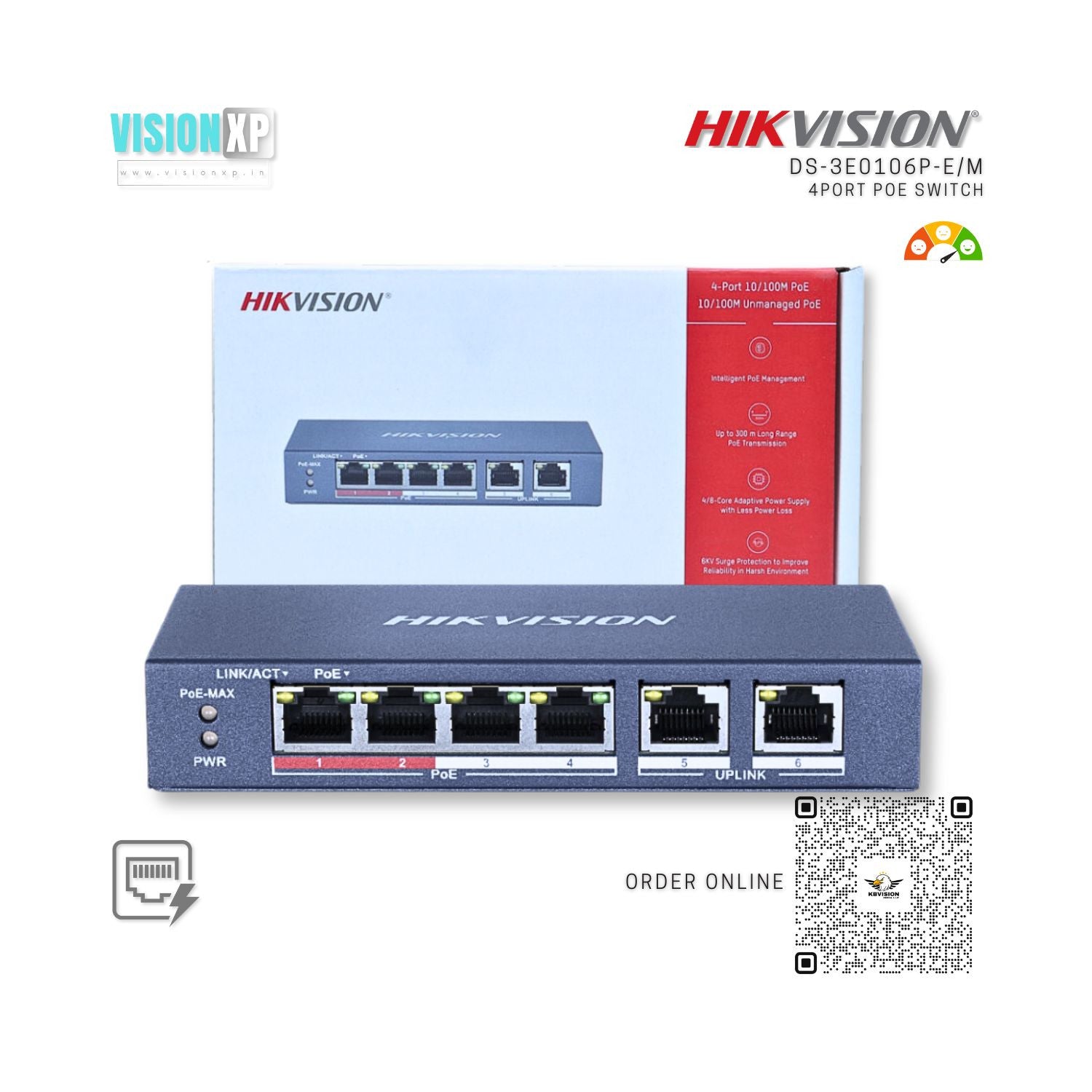 Hikvision DS-3E0106P-E/M 4 Port Fast Ethernet Unmanaged PoE Switch Hikvision DS-3E0106P-E/M 4 Port Fast Ethernet Unmanaged PoE Switch
